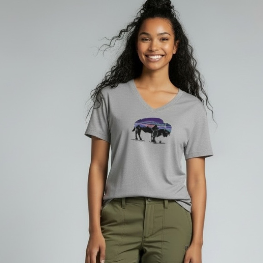 Patagonia |‎ Gray Buffalo Patagonia Branded Vneck Tee XS Outdoors Hike Active